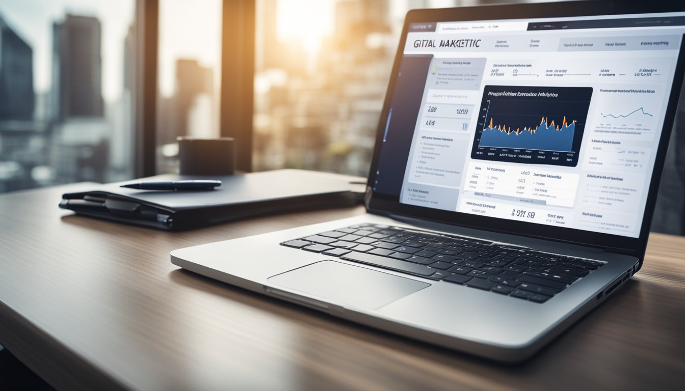 A laptop displaying digital marketing analytics and metrics on a desk with a notepad and pen